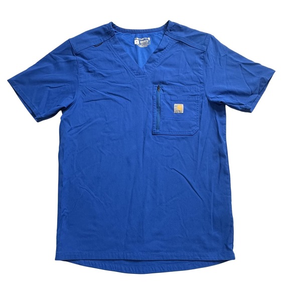 Carhartt Shirt Mens Small Blue V-Neck Scrub Top Zip Chest Pocket Modern Fit - Picture 1 of 11